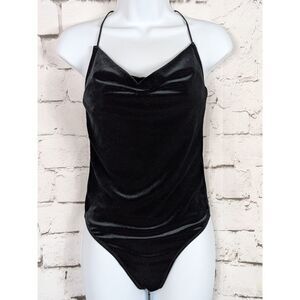 VINTAGE Y2K Abercrombie & Fitch Black Velvet Drape Neck Thong Bodysuit Small